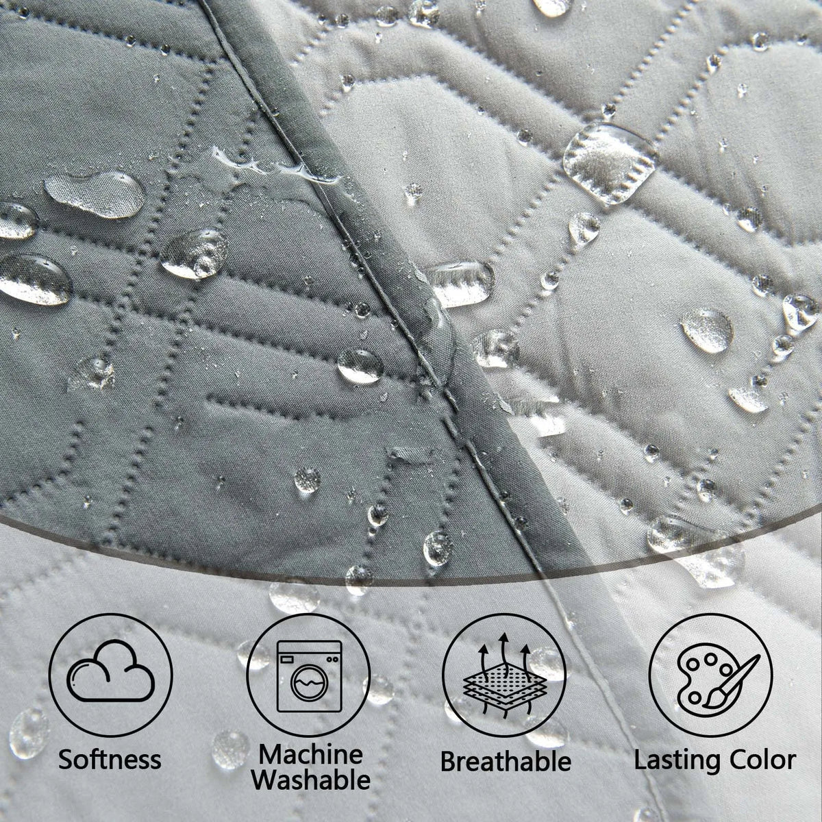 Reversible waterproof dog sofa cushion in dark grey and light grey, shown on a sofa.