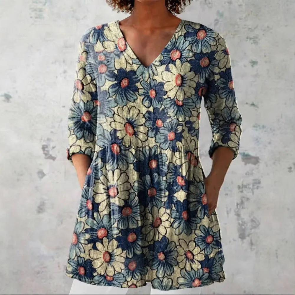 Women's retro slim fit printed long-sleeved polyester top in various colour options