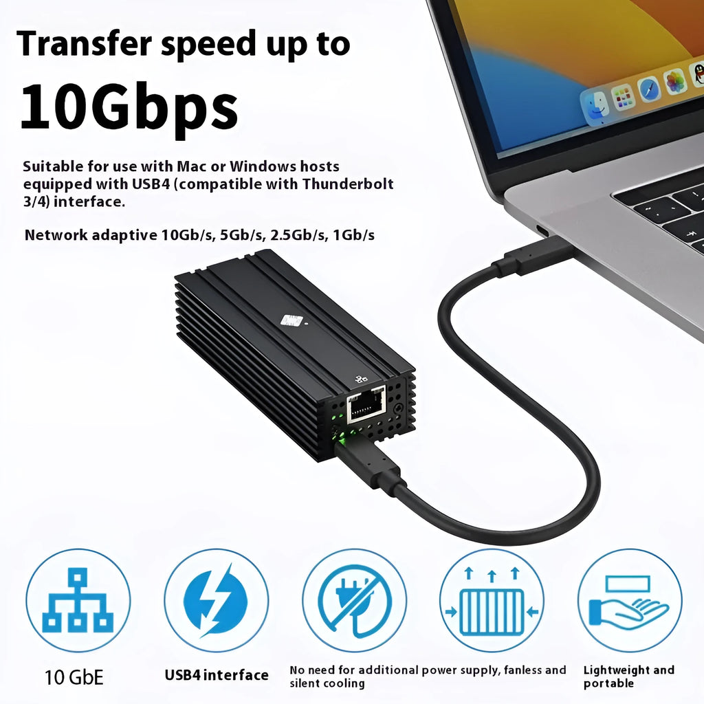 Black Leyu USB4 to RJ45 10 Gigabit Ethernet network adapter with 20cm cable.