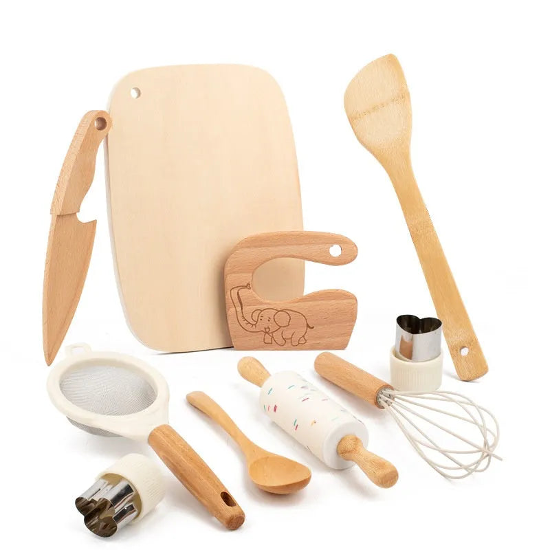 Wooden 10-piece play house knife and vegetable cutting toy set, 25 x 30 x 7.5cm kitchenware pretend play toy