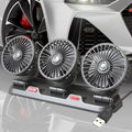 Three head automotive cooling fan with cigarette lighter and USB connections for vehicle use