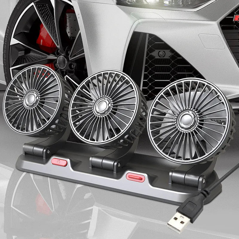 Three head automotive cooling fan with cigarette lighter and USB connections for vehicle use