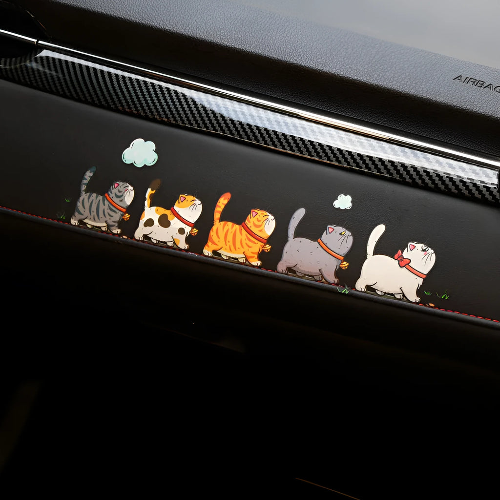Waterproof PVC car sticker showing a design of five walking cats, available in multiple sizes.