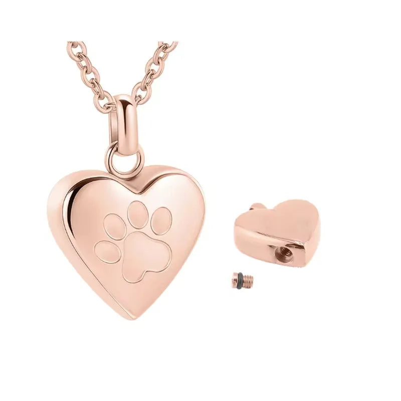 Openable heart-shaped titanium steel casket necklace with a paw print, on a chain.
