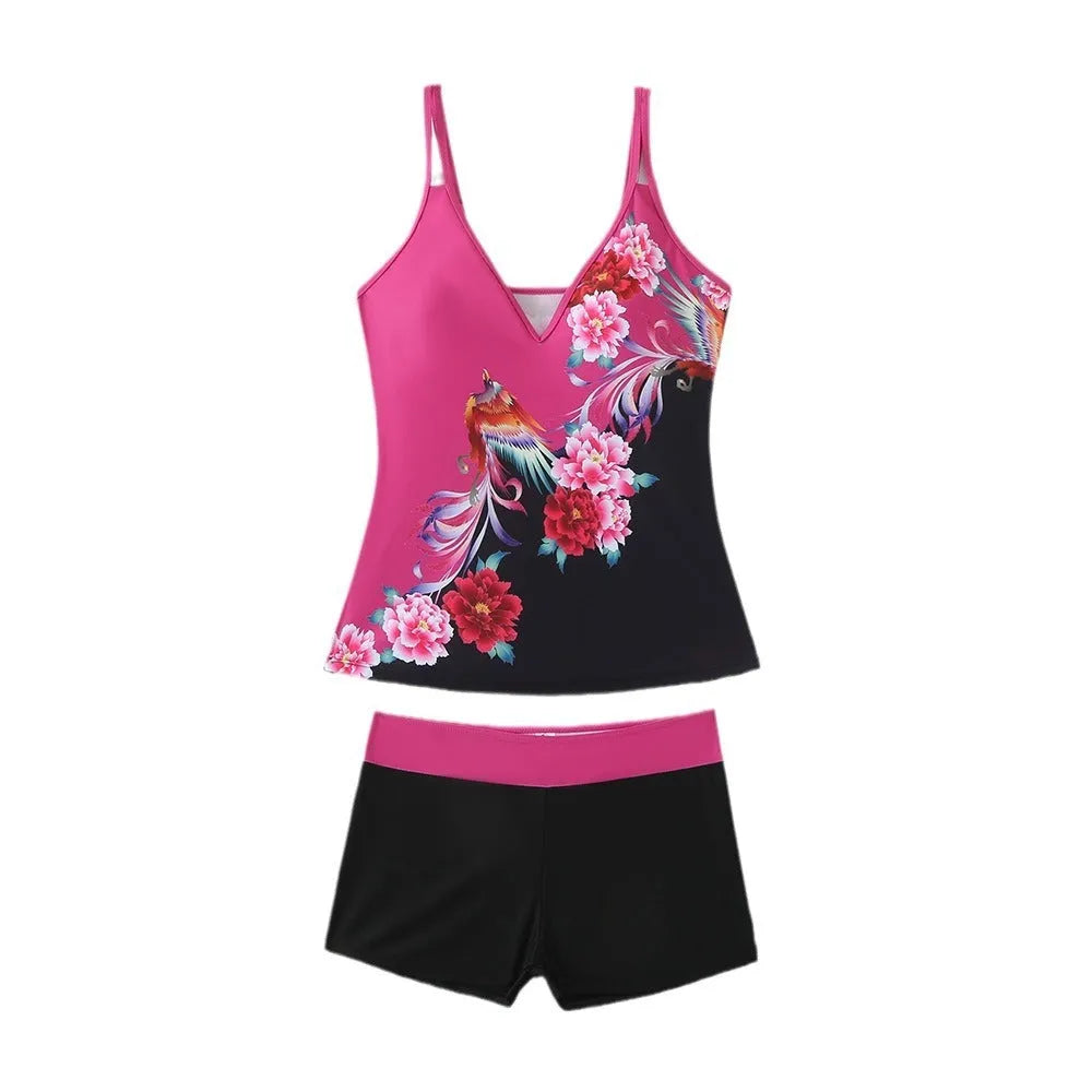 Plus size women's printed two-piece swimsuit set in Black or Rose Red with briefs style.