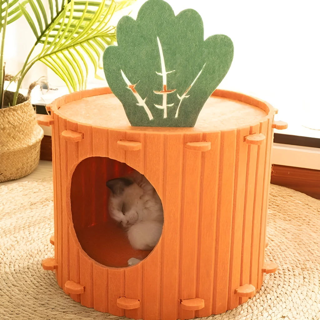 Carrot-shaped grey felt cat tunnel nest with circular entrance holes, shown in medium and large sizes.