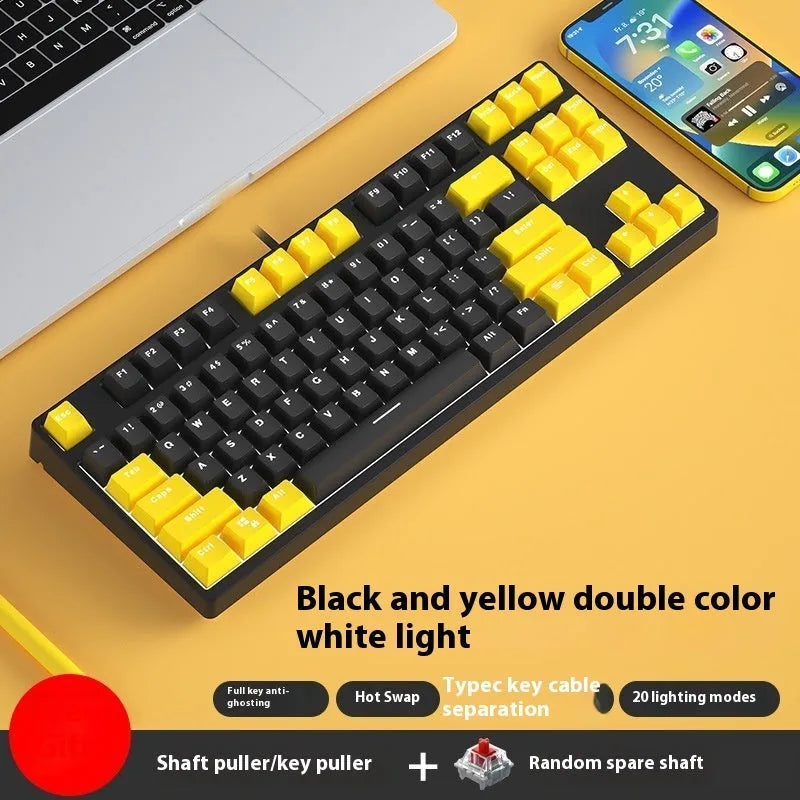 87 key wired mechanical keyboard with hot-swappable switches showing dual-colour keycap theme on metal body