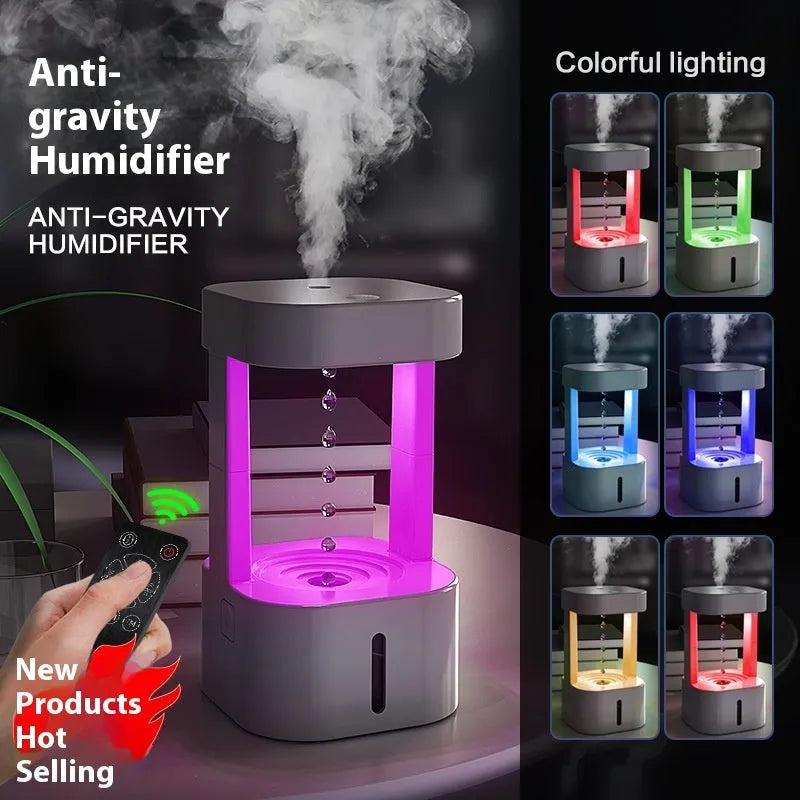 Anti-gravity water drop humidifier, 580ml, USB Type-C, 12.5 x 12.5 x 23.5cm ABS body, Coloured light or White