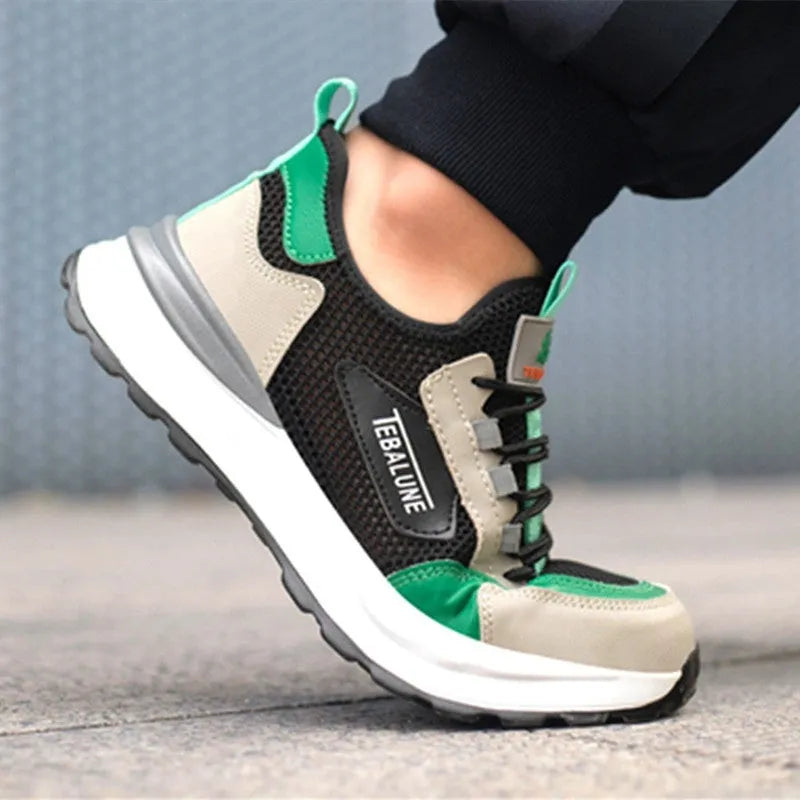 Black green steel toe safety shoes with mesh upper and plastic protective toe cap