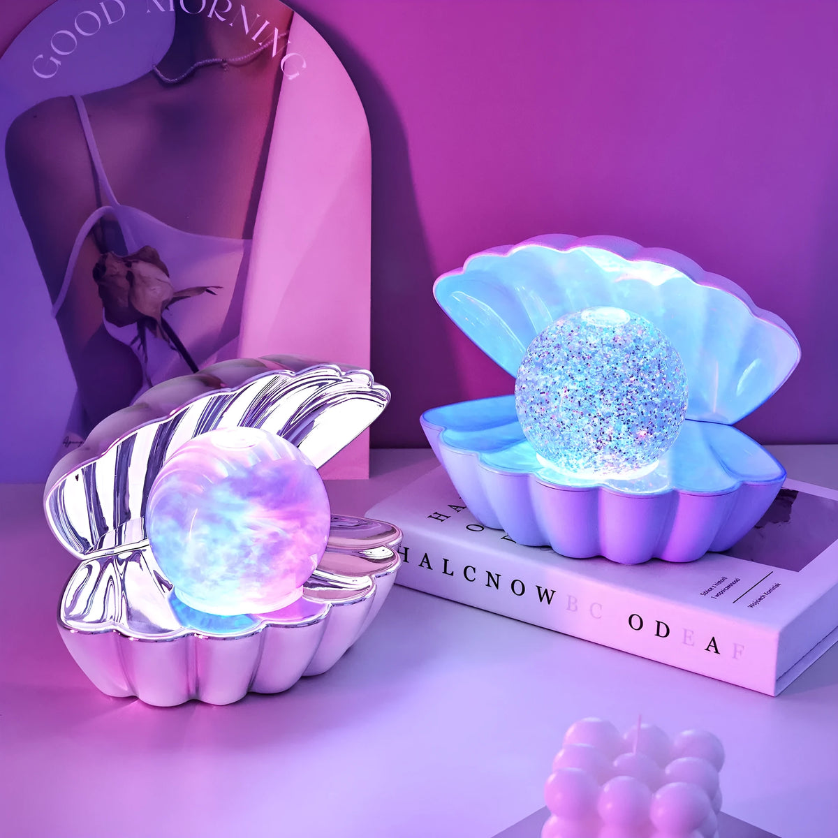 Shell-shaped decorative night lamp with neon lighting measuring 15cm by 18cm
