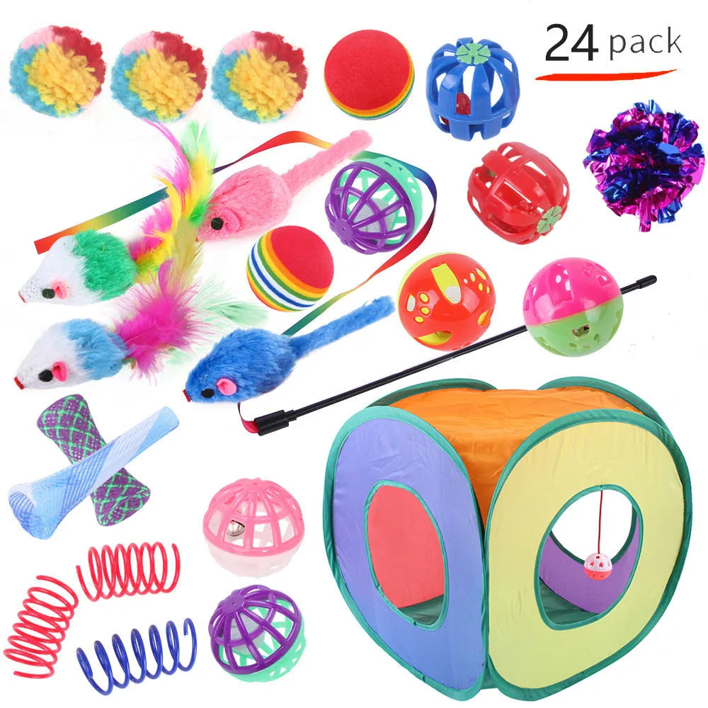 Plastic cat suit toy channel tunnel with random coloured accessories for indoor pet play