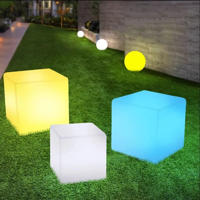 Square LED waterproof cube stool light in modern design with solar and rechargeable power options