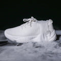 Women's white woven sports shoes with thick rubber soles and front strap design