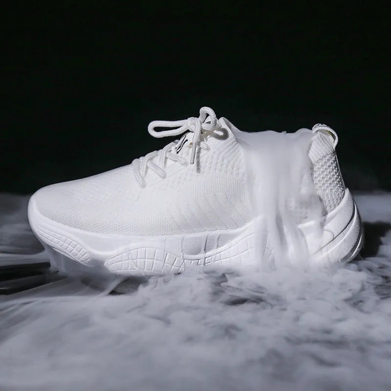 Women's white woven sports shoes with thick rubber soles and front strap design