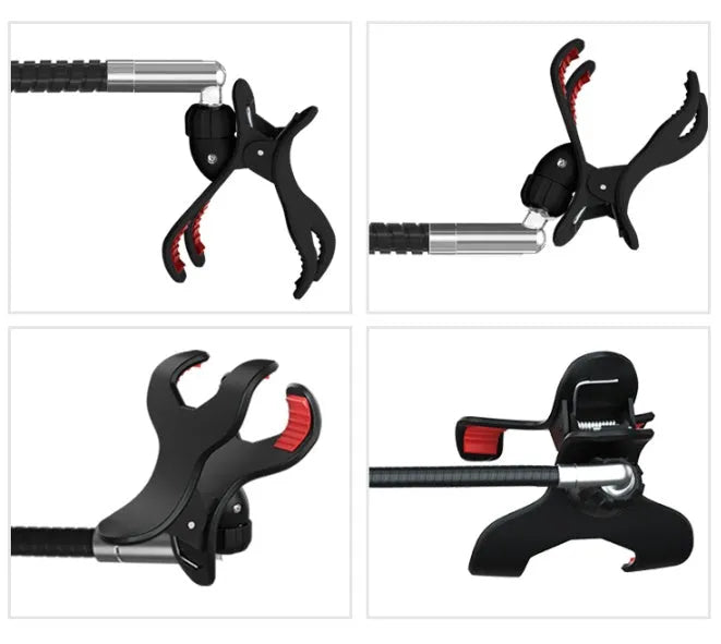 Black and white mobile phone bracket for bed with universal folding clamp on overhead support shelf