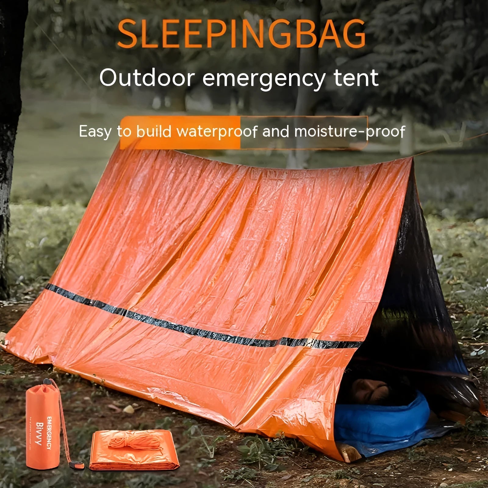 Portable emergency tent with sleeping bag and raincoat in orange or green colours