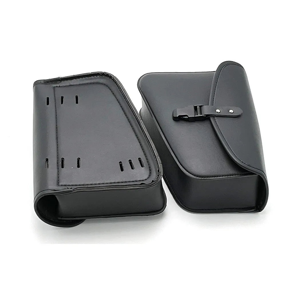 Black PU leather motorcycle swingarm saddlebag mounted on a Harley-Davidson Sportster.