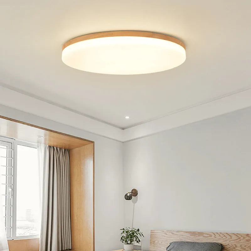 Japanese minimalist LED ceiling lamp with wood art base and acrylic shade in three size options