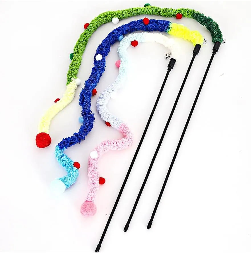 Cat wand toy with colourful plush strip, fluffy ball, and bells on a 41cm pole