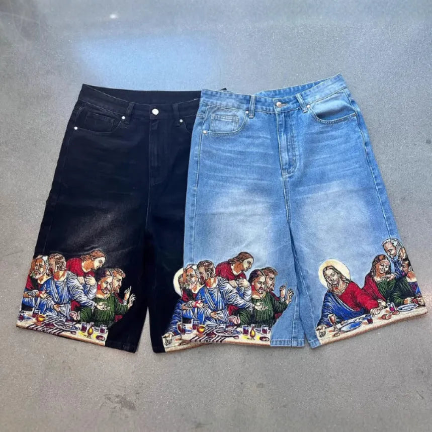 Men's blue cotton tapered shorts with Jesus print on back pocket