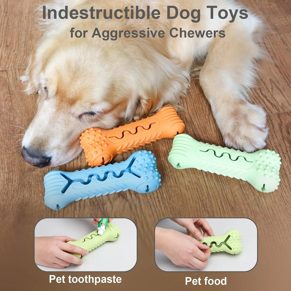 Blue natural rubber bone-shaped dog chew toy for aggressive chewers on a white background.