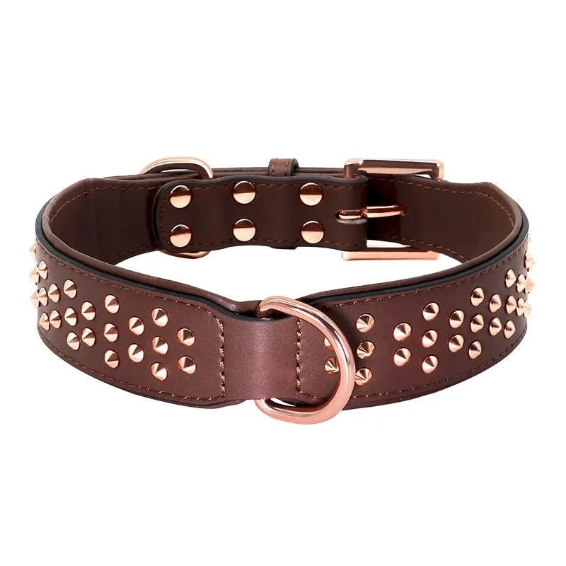 Leather dog collar with metal rivets in black, chocolate, and pink, shown in L and XL sizes.