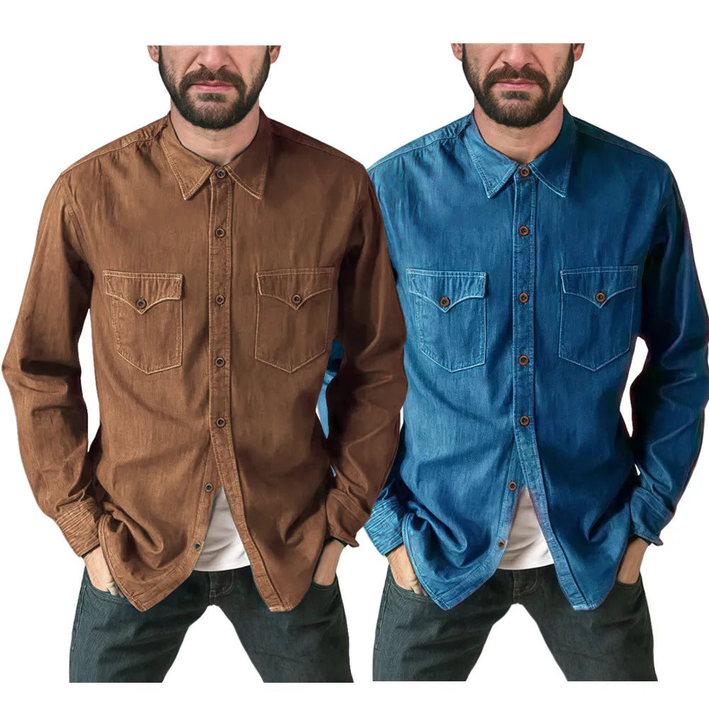 Men's denim cardigan coat in multiple colours showing regular fit design and cotton denim fabric