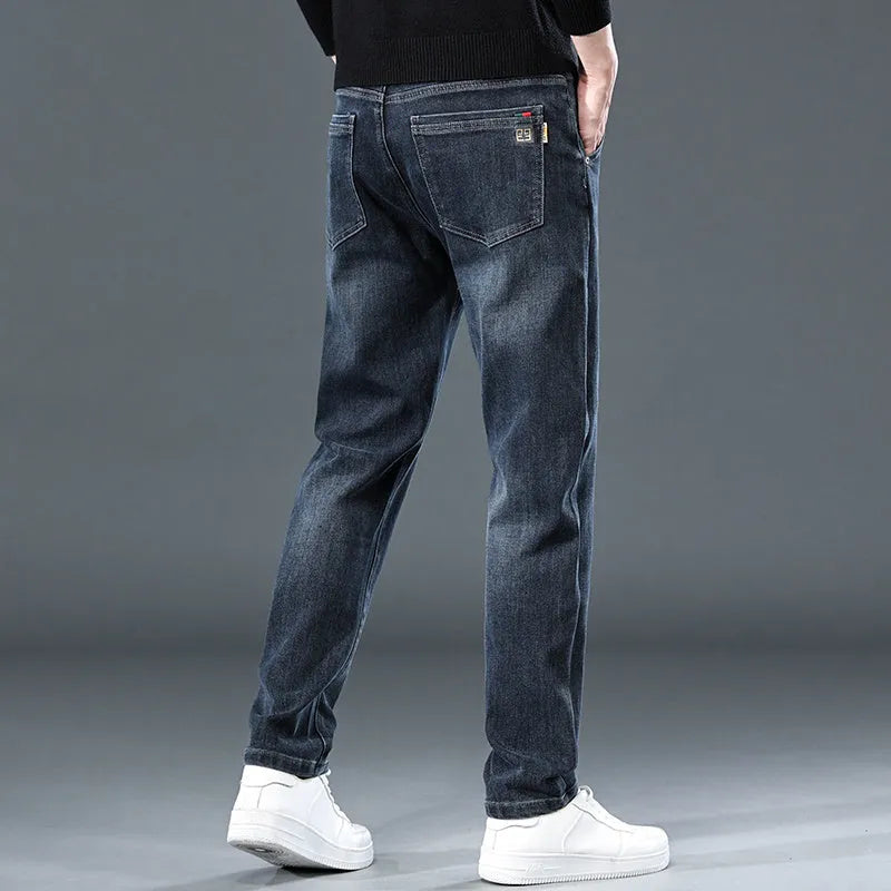 Men's slim straight casual trousers in polyester fabric with micro-elastic waist and zipper fly