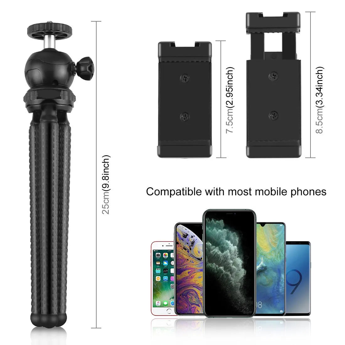 Black octopus flexible tripod stand with fill light and microphone for live streaming