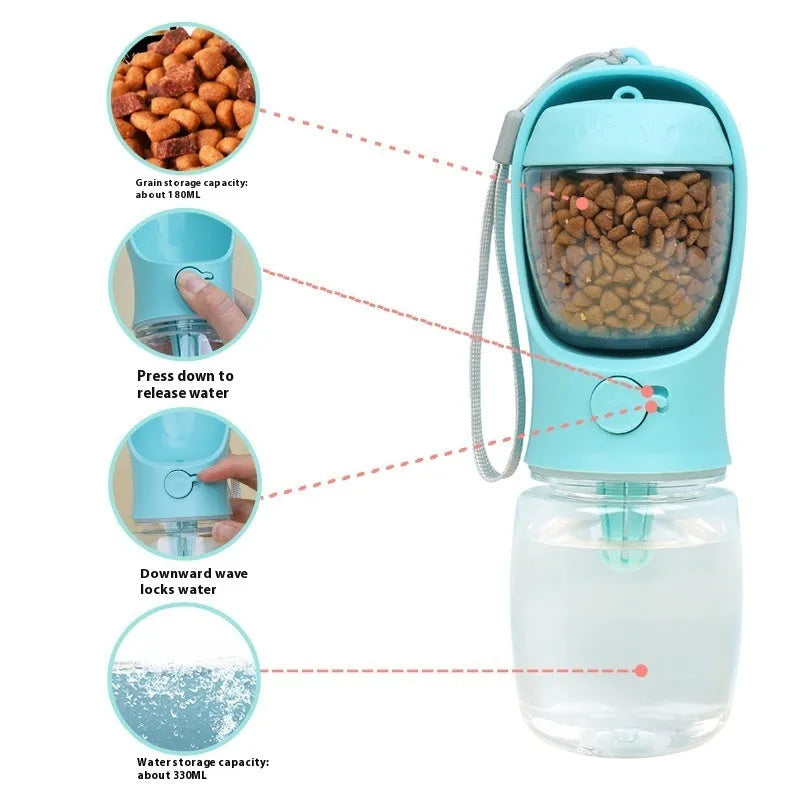 Blue portable plastic dog water bottle with integrated drinking trough for outings.
