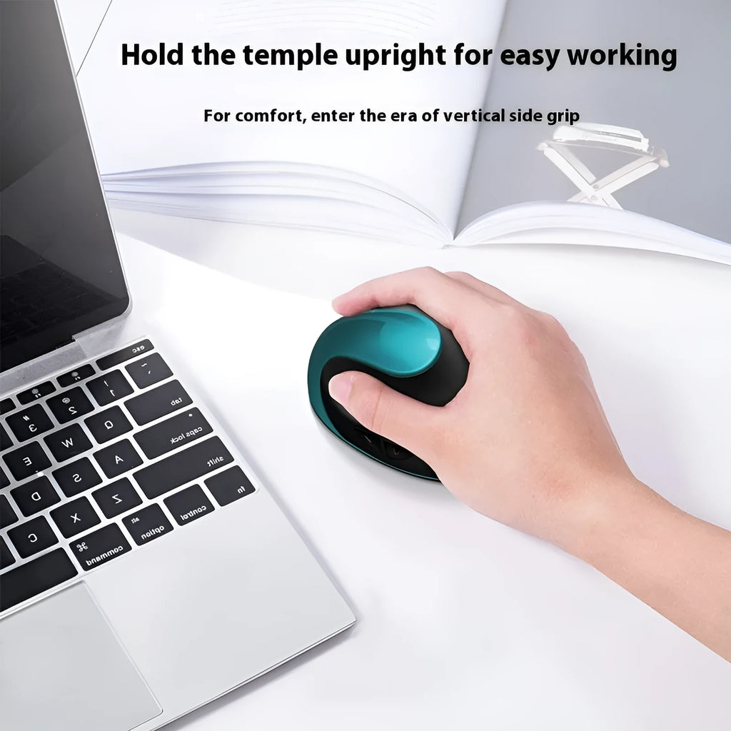 Three Generations vertical ergonomic wireless mouse in black on a laptop desk.