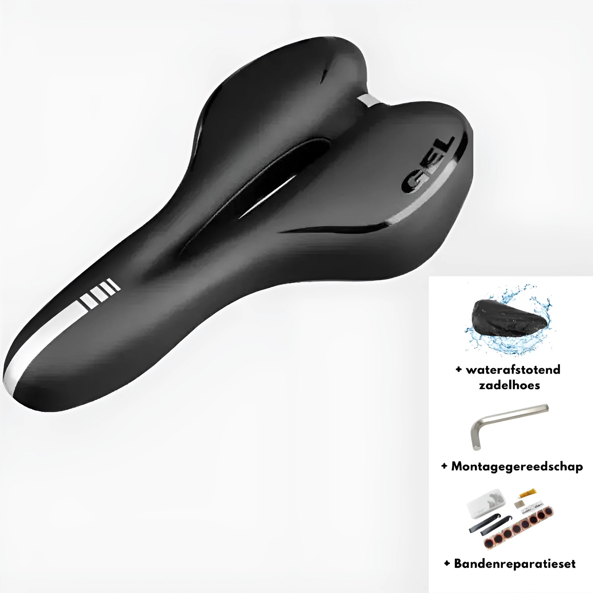 Bicycle saddle cushion with silicone padding, spring suspension, and accessories including waterproof cover and tools