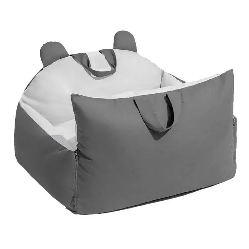 Removable washable dog car kennel in beige, shown in Medium and Large sizes for vehicle travel safety.