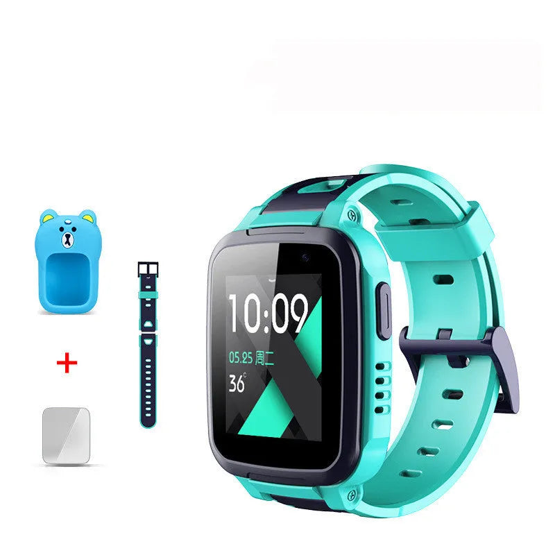 360 SE5 blue children's waterproof phone watch with stainless steel wristband on a wrist.
