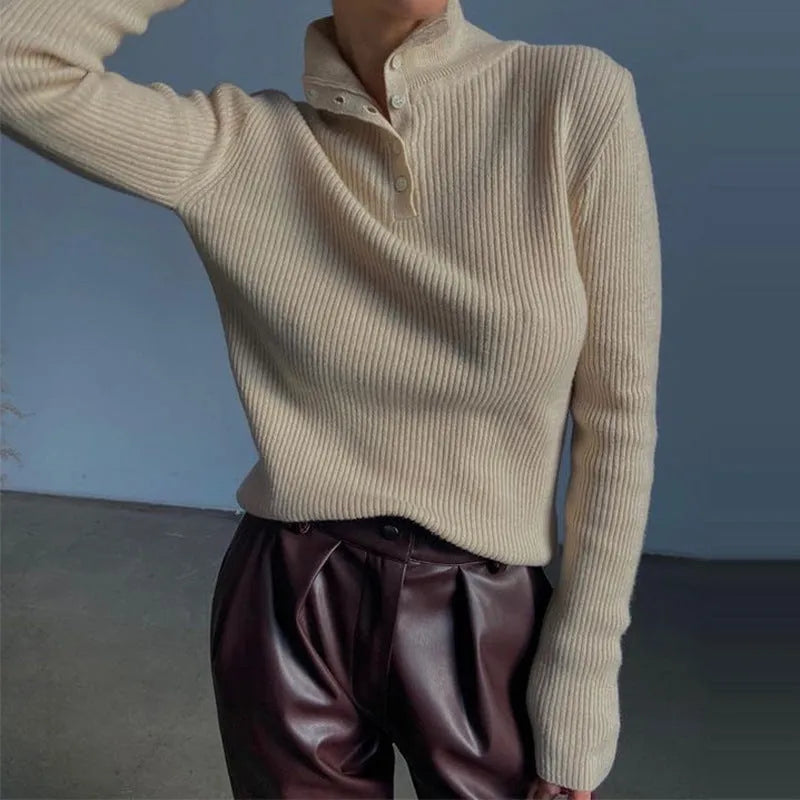 Silver grey half-turtleneck pullover sweater with single-breasted placket in slim fit design