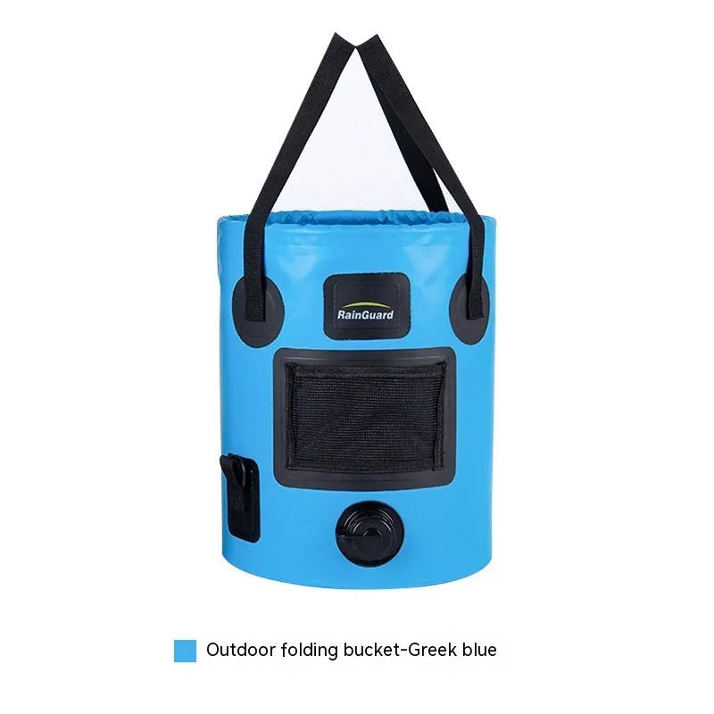 Lemon yellow 25-litre plastic folding fishing bucket showing its collapsible design and optional mesh pocket.