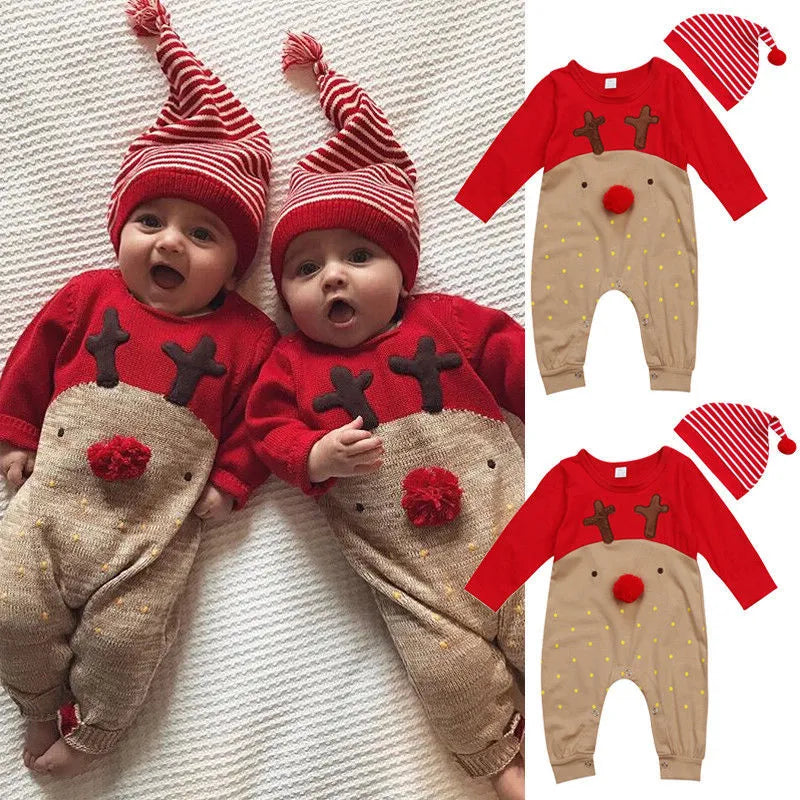 Christmas deer romper in red, long sleeve cotton unisex baby outfit for autumn and spring, sizes 70-100