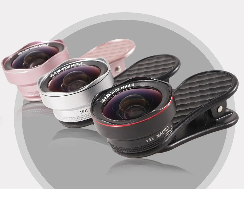 Mobile phone wide-angle and macro lens kit with storage case and phone clip