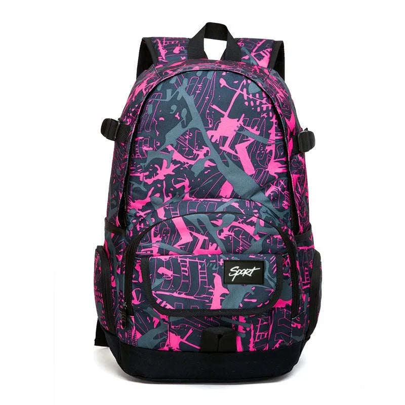 Blue and red versions of a classic nylon backpack with large main compartment and organisational pockets.