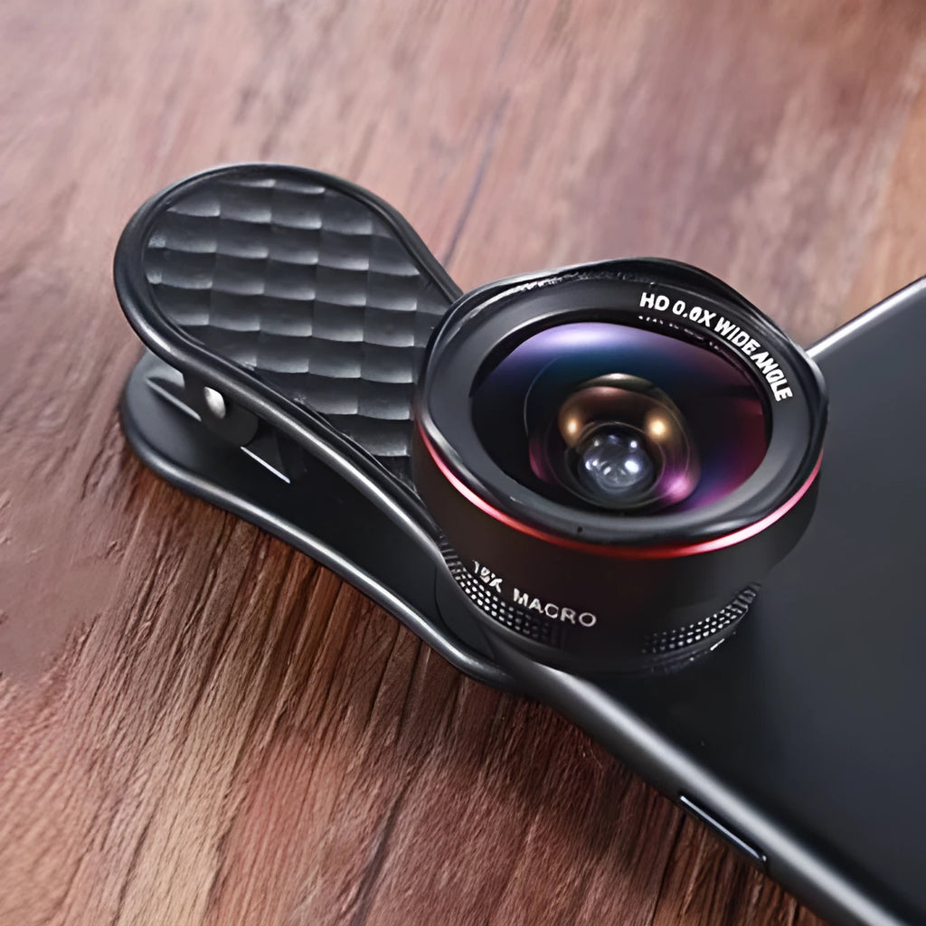 Mobile phone wide-angle and macro lens kit with storage case and phone clip