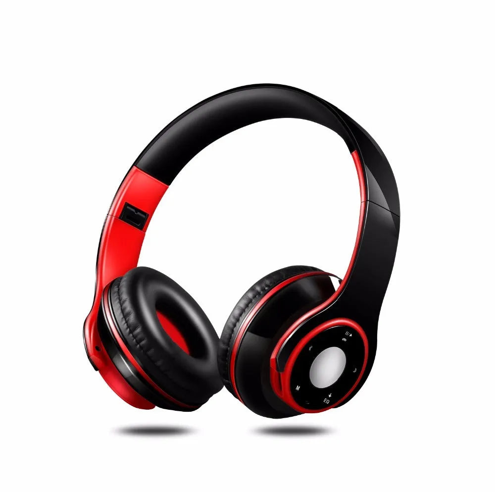 Foldable wireless Bluetooth headset in blue, red, or rose red with adjustable hinges.