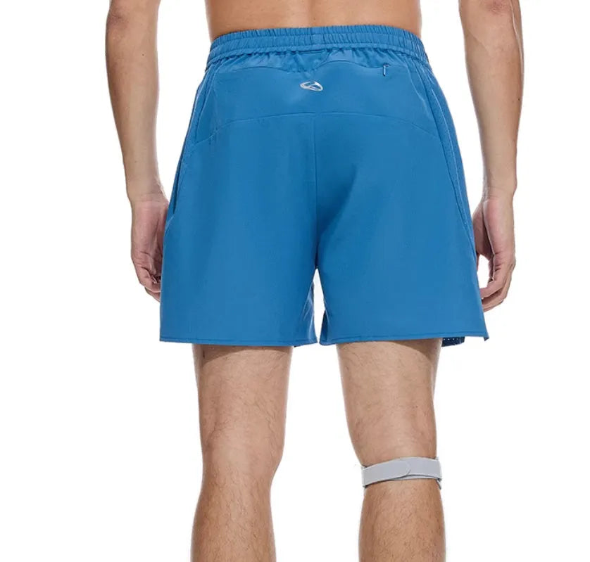 Men's black and blue stretch running shorts with laser punching for athletic training