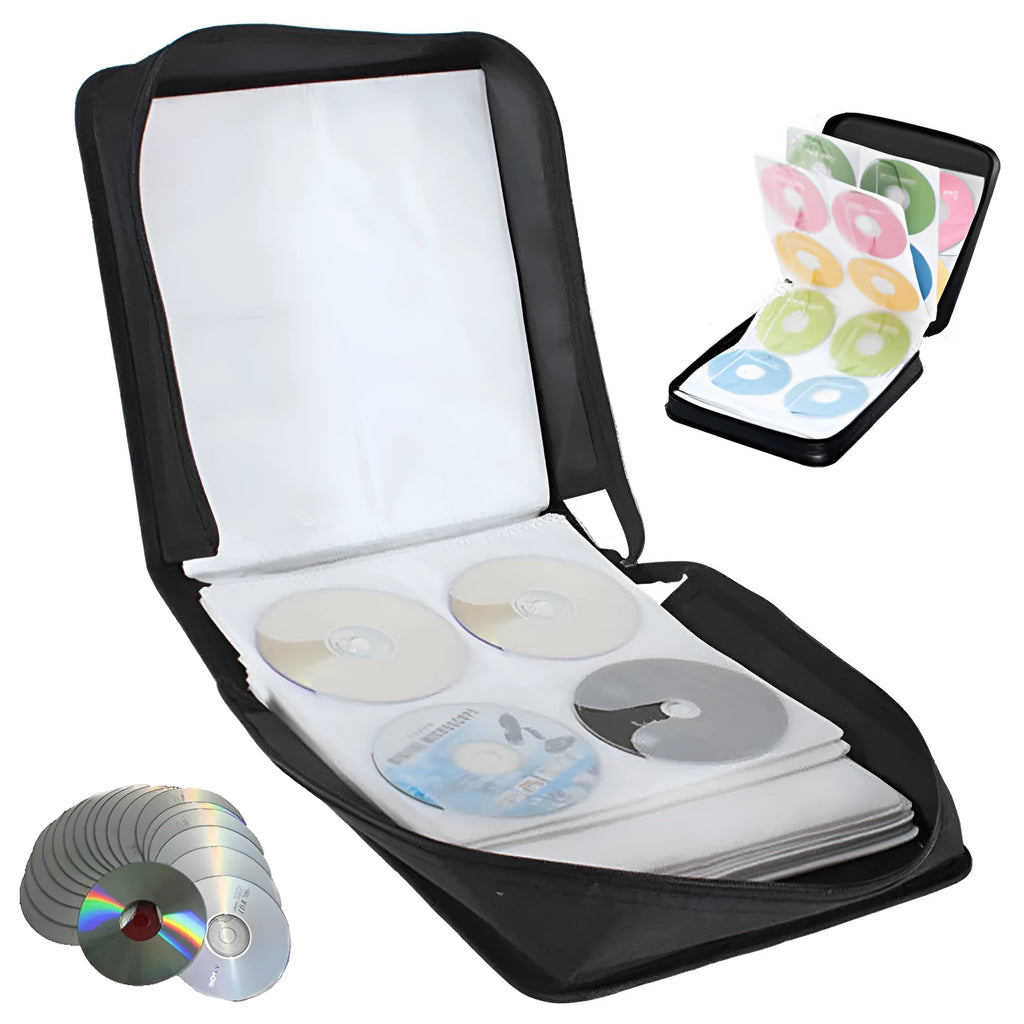 Black Oxford fabric CD storage bag with a hand strap and zipper closure