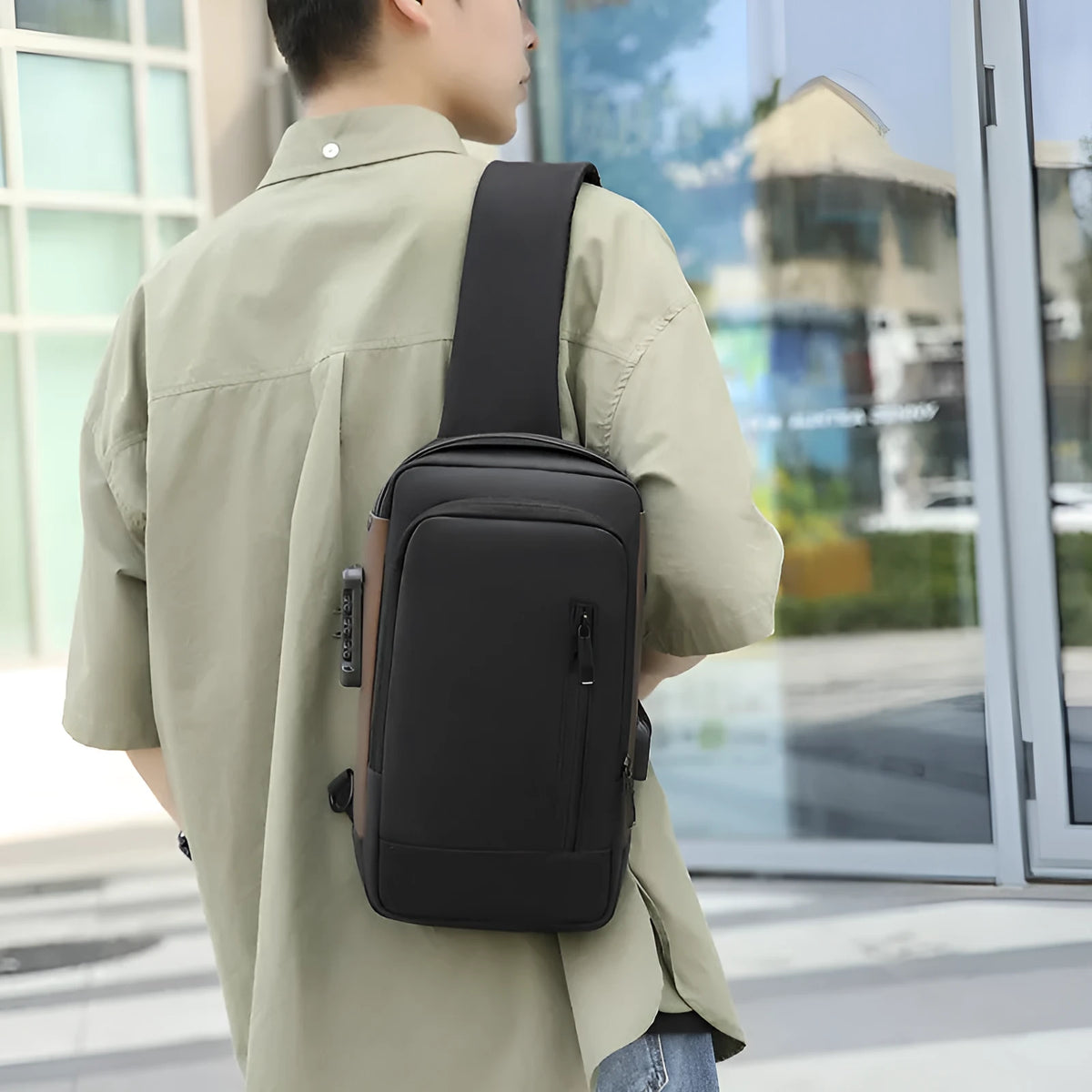 Anti-theft men's crossbody chest bag, nylon, 25 inch, lock feature, black grey blue black gold
