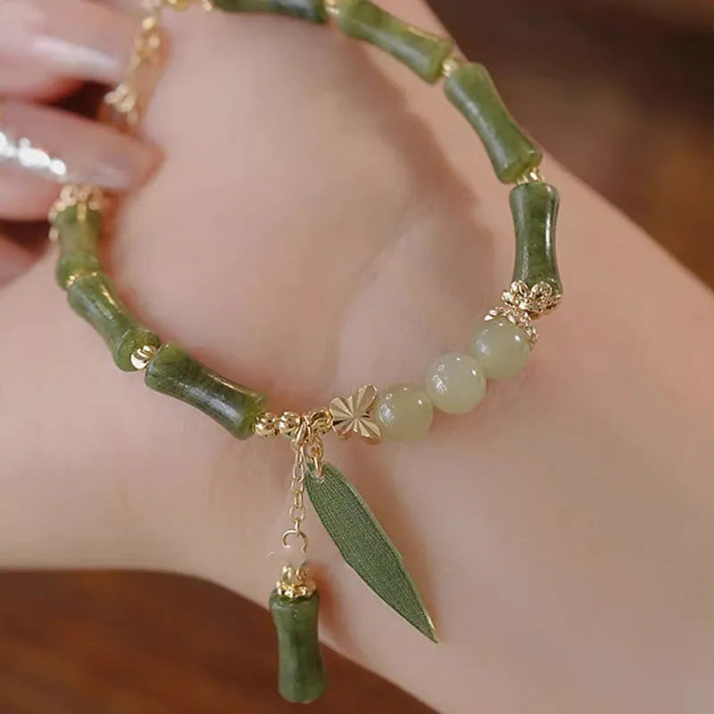 Chinese style bamboo leaf glass bracelet for women with manual craftsmanship