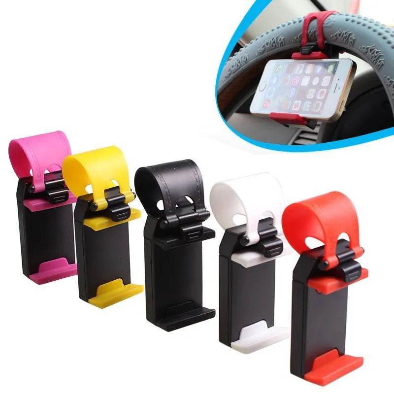 Black steering wheel phone holder mounted showing elastic clip and silicone phone padding