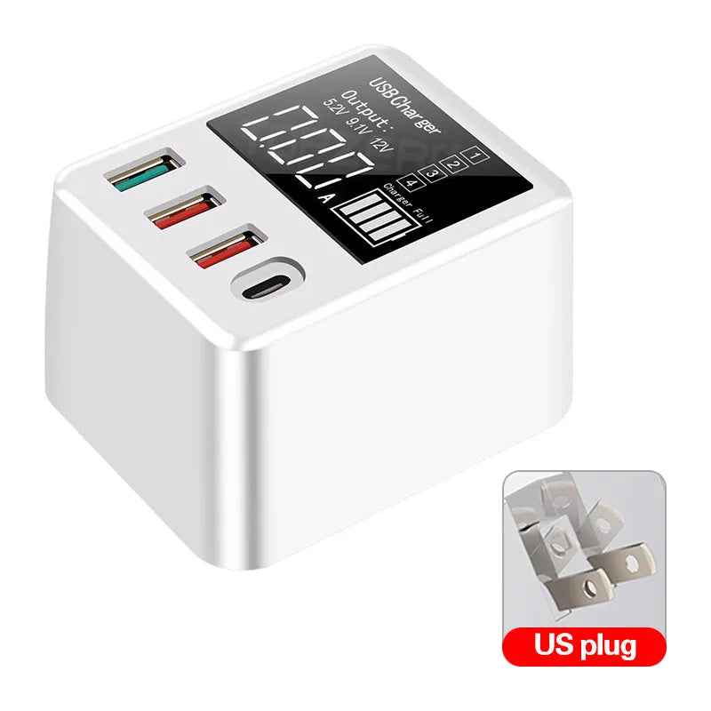 White A9T four-port USB travel wall charger with LED display and a UK three-pin plug.