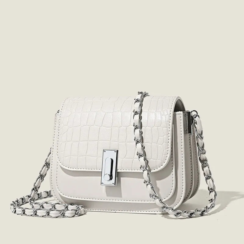 Black soft PU women's chain shoulder bag with sandwich pocket design and decorative sewing thread.