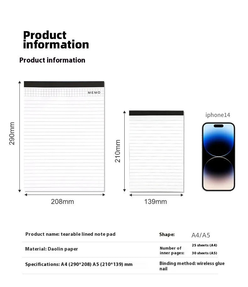 A4 tearable note pad with ivory white pages and paper cover for meeting minutes