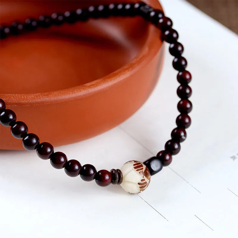 Natural rosewood flower bracelet with 10mm beads and retro design